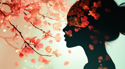 Poster - Serene profile of a woman with cherry blossoms glowing softly in the background during sunset