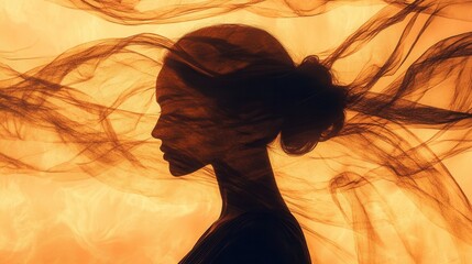 Aufkleber - Portrait of a serene woman with flowing fabric against a glowing orange backdrop at dusk