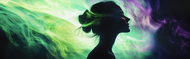 Poster - Glowing silhouette of a woman surrounded by vibrant colors in a serene atmosphere