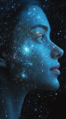 Poster - Portrait of a serene woman’s face glowing with cosmic stars and deep blue hues at twilight