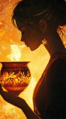 Poster - Portrait of a woman holding a beautifully designed pot while glowing against a warm golden background