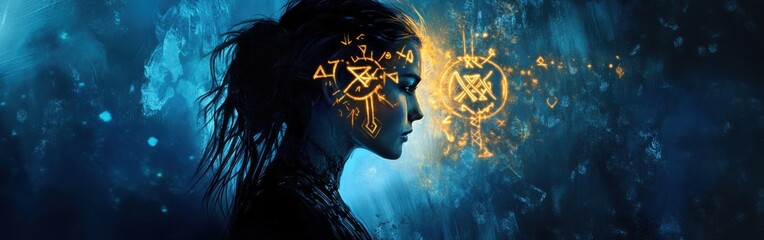 Aufkleber - Radiant woman with glowing symbols in a mystical blue environment during twilight