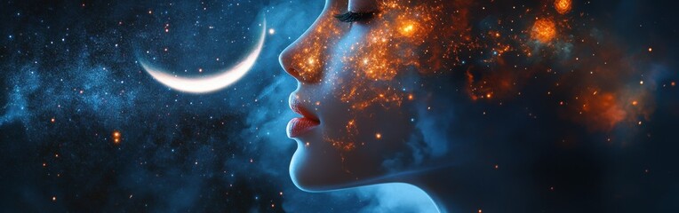 Poster - Face of a woman blending with cosmic elements under a moonlit sky at night