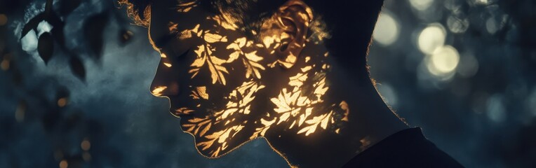 Poster - Mans profile illuminated by natural patterns in a mystical forest setting during twilight