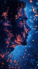Fototapete - Mystical profile of a man illuminated with glowing patterns and vibrant colors in a dreamlike setting