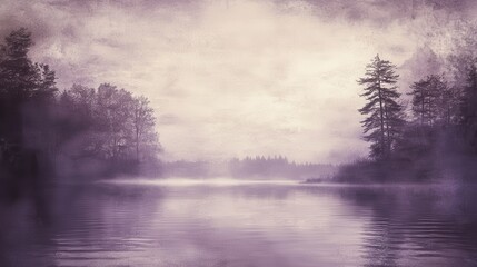 Aufkleber - Serene lake view with grunge-inspired lavender backdrop during early morning fog