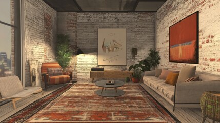 Wall Mural - Cozy loft living space featuring modern rugs and warm decor with urban views in the evening light