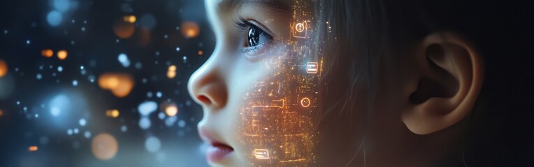 Poster - Conceptual portrayal of a child's face illustrating imaginative thoughts and creativity in a digital world
