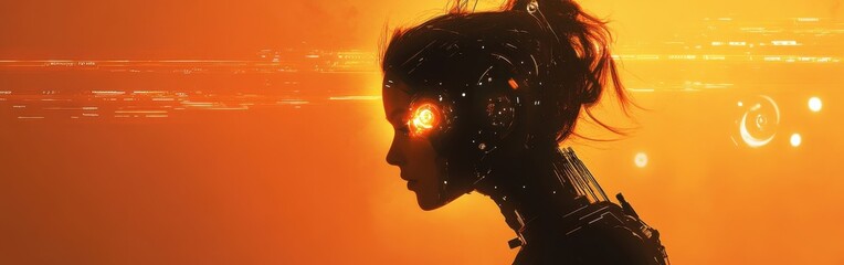 Fototapete - Woman with glowing elements embodies a fusion of humanity and technology during a sunset backdrop
