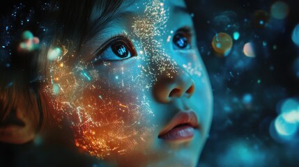 Aufkleber - Conceptual portrayal of a child's face illuminated by vibrant, cosmic patterns in a dreamy, imaginative setting