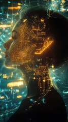 Poster - Woman radiating light amidst a digital landscape reflecting technology and innovation
