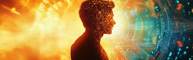 Poster - Man radiating vibrant light in an abstract setting surrounded by digital patterns and warm colors