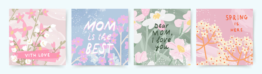 Wall Mural - spring set of cards with drawn cute meadow flowers. floral botanical art templates for holiday card,