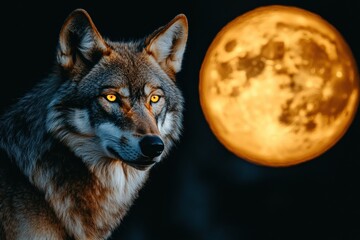 Poster - Majestic wolf gazes at the full moon on a clear night in the wilderness. Generative AI