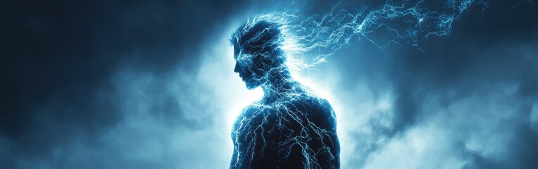 Poster - Conceptual representation of a glowing man surrounded by electric energy at twilight