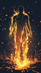 Leinwandbilder - Man glowing with bright flames in a dark environment, surrounded by floating leaves and grass during twilight hours