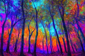 Poster - Vibrant forest scene with trees painted in bright colors