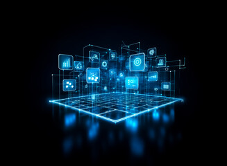 Wall Mural - a glowing blue digital network grid with interconnected squares and icons, symbolizing modern techno