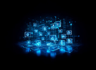 Wall Mural - a glowing blue digital network visualization with interconnected computers and icons against a dark 