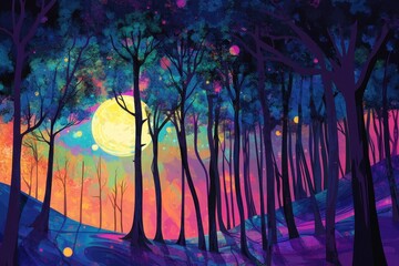 Wall Mural - Colorful dreamy forest with a glowing full moon background