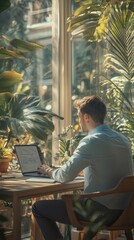 Aufkleber - Relaxed man working in a sunlit space surrounded by lush greenery in a tranquil setting