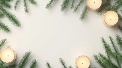 Wall Mural - Festive frame of lit candles and pine branches on white background.