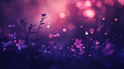 Poster - Violet and magenta bokeh lights illuminate wildflowers in a tranquil garden at dusk