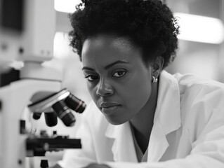 Poster - Scientist examines samples using a microscope in a modern laboratory setting during an afternoon research session