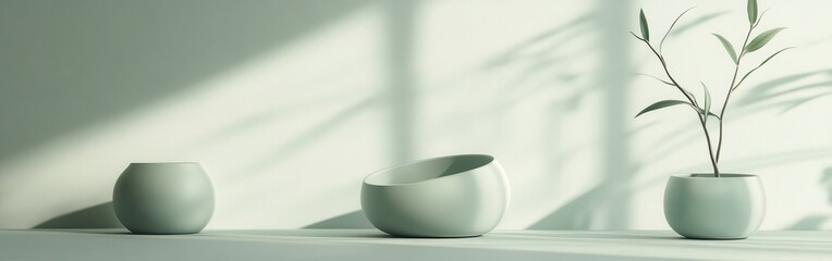Aufkleber - Minimalist monochrome design showcasing muted mint vases with a single plant in a tranquil, sunlit indoor environment