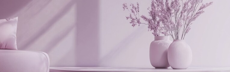 Aufkleber - Soft pastel decor with vases and flowers on a minimalist table in an elegantly designed interior space