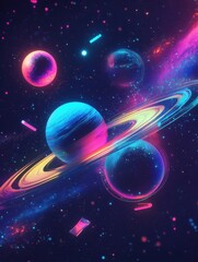 Poster - Colorful cosmic landscape featuring planets, stars, and vibrant nebulae in deep space. Generative AI
