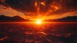 © gentho - Fiery sunset over a vast, textured landscape, with dramatic clouds and sun rays.