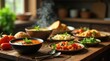 © Mali - A rustic kitchen table setting features several bowls of steaming hot soup and various side dishes, including a vibrant stew, grains, and fresh herbs, creating a warm and inviting culinary scene.