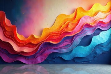 Wall Mural - abstract colorful wave wall art design with textured layers and reflective floor