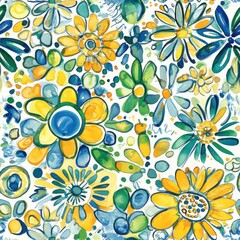 Poster - Whimsical doodle cartoon drawings with vibrant flowers in watercolor style creating a playful garden scene