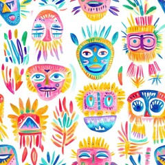 Poster - Whimsical watercolor doodle of colorful masks and flowers celebrating nature and creativity in vibrant patterns