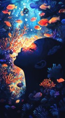 Poster - Child glows with vibrant aura amidst colorful underwater landscape filled with fish and coral