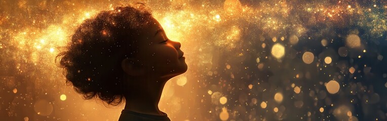 Poster - Child glowing with vibrant light against a cosmic background during twilight hours