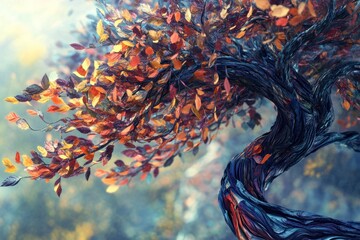 Wall Mural - Artistic rendering of a colorful tree with dynamic, textured 3D leaves and flowing branches, ideal for use as an abstract wallpaper design.