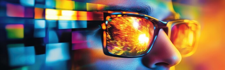 Leinwandbilder - Vibrant portrait of a filmmaker revealing creative visions through colorful reflections in sunglasses