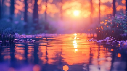 Aufkleber - Tranquil water reflecting a vibrant sunset among gentle trees with flowers along the shore