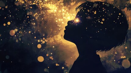 Poster - Silhouette of a child immersed in a surreal dreamlike landscape illuminated by sparkling stars and glowing orbs