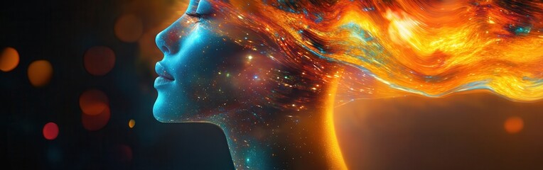 Fototapete - Surreal representation of a glowing woman with vibrant, cosmic hair against a dark background
