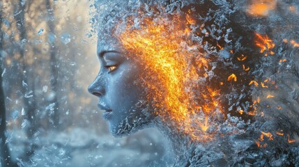 Poster - Surreal glowing woman merging elements of fire and ice in a serene winter landscape