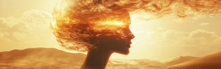 Poster - Surreal depiction of a glowing woman surrounded by an ethereal desert landscape at sunset