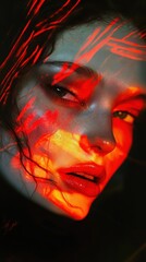 Fototapete - Surreal model face illuminated with vibrant colors and abstract patterns in dim lighting