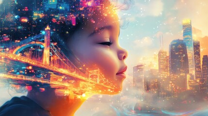 Aufkleber - Surreal portrait of a glowing child with a vibrant cityscape reflecting in their silhouette at twilight