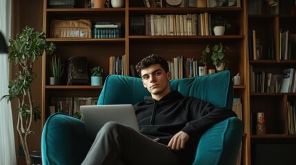 Poster - Stylish home workspace with a young man focused on laptop surrounded by books and plants
