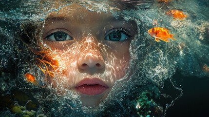 Aufkleber - Surreal portrait of a child’s face submerged in water with shimmering light and golden fish swimming around
