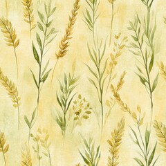 Poster - Serene watercolor doodle of delicate plants on a soft yellow background capturing nature's beauty and tranquility